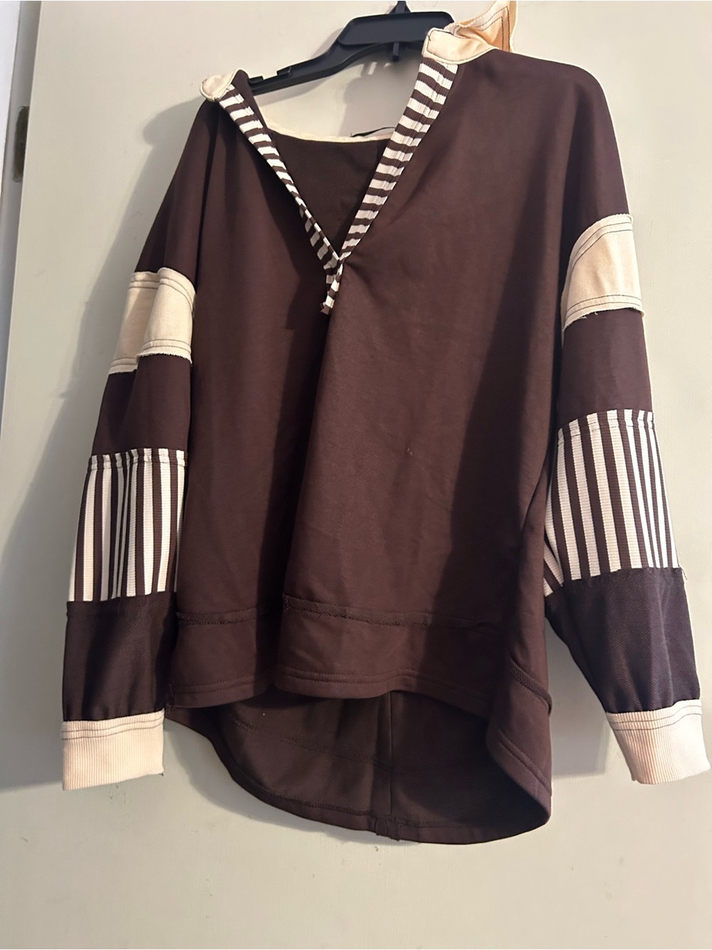 Brown Pullover with Ivory Striped Accents